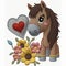 Cartoon little horse with love hearts and flowers. Embroidery textured colorful cute horse. Bright tapestry stitching lines happy