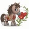 Cartoon little horse with love hearts and flowers. Embroidery textured colorful cute horse. Bright tapestry stitching lines happy