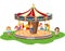 Cartoon little kid playing game carousel with colorful horses