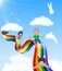 Cartoon little kids playing slide on rainbow