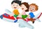 Cartoon little kids riding airplane on white background