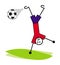 A cartoon little man, a football player hits the ball upside down standing on one hand. Vector.