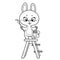 Cartoon little rabbit stands on a ladder and holds a bucket of paint and a brush in his paws outlined on white background