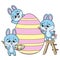 Cartoon little rabbits with paints and brushes coloring Easter egg color variation for coloring page on white background