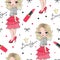 Cartoon little valentines girl seamless pattern with pink lipstick and crown.