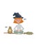 Cartoon Little witch in meditation on a broom with friend frog. Cute character illustation as print design and postcard. Raster is