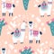 Cartoon Llama Alpaca Seamless Pattern. Hand Drawn Elements