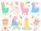 Cartoon llama unicorn. Happy magic color llamas unicorns, fluffy pink alpaca fur vector illustration set. Cute exotic