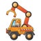 Cartoon loader or lift truck with worker. Construction vehicles. Colorful vector illustration for children