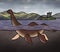 Cartoon Loch Ness Monster Swims by Urquart Castle