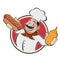 Cartoon logo of a chef serving a hot dog