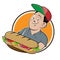 Cartoon logo of a happy man serving a long sandwich