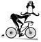 Cartoon long mustache man rides a bike black on white isolated illustration