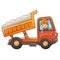Cartoon lorry or dump truck with worker. Construction vehicles. Colorful vector illustration for children
