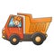 Cartoon lorry or dump truck with worker. Construction vehicles. Colorful vector illustration for children