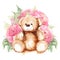 Cartoon lovely Teddy Bear toy Saint Valentine`s day rose peony flower art isolated