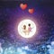 Cartoon lover couple is sitting on red heart balloon swing, being on full moon sky background, Happy Valentines Day concept, Vecto