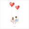 Cartoon lover couple is sitting on red heart balloon swing, being on white background, Happy Valentines Day concept, Vector Illust