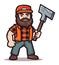 Cartoon lumberjack with beard, orange hat, holding an axe, standing confidently. Woodcutter in plaid shirt depicting