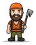 Cartoon lumberjack with beard, orange helmet, holding an axe, smiling. Worker character in safety gear, outdoors, manual