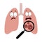 Cartoon lungs with magnifier and virus cells over white background. Human respiratory system with unhealthy internal organ