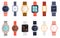 Cartoon luxury gold wristwatches and gadget smart watch. Fashion women and men accessory wrist watches. Hand clock with