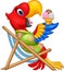 Cartoon macaw sitting on beach chair and eating an ice cream