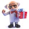 Cartoon mad professor scientist character holding a gift wrapped present