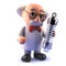 Cartoon mad scientist in 3d holding a vehicle suspension shock absorber