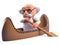 Cartoon mad scientist professor in 3d rowing a kayak canoe