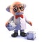 Cartoon mad scientist professor character in 3d playing with dice