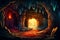 Cartoon magic stone cave entrance. Dark rock tunnel burning fire. Underground abandoned rocky cave. Light at the end of the tunnel