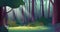 Cartoon magic summer jungle forest glade with sunbeams. Forest wilderness landscape.