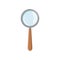 Cartoon magnifying glass with gray frame and brown wooden handle. Icon of loupe. Archeology tool used for enlarge small
