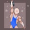 Cartoon male athlete raises his weight on a background with stars