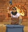 Cartoon male blacksmith forges a sword in the smithy