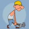 Cartoon male builder carries very heavy sledge hammers in his hands