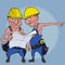 Cartoon male builders discuss and view a blueprints on a blue background
