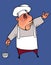 Cartoon male chef with ladle points hand to the side