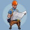 Cartoon male construction engineer examines blueprints on blue background