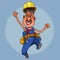 Cartoon male construction worker in a helmet jumps and waves a hand