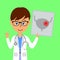 Cartoon male doctor character showing image of unhealthy  urinary bladder. Healthcare concept.