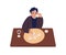Cartoon male eat khinkali and drink wine sitting at table vector flat illustration. Hungry colorful man eating delicious