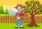 Cartoon male farmer holding apple basket at the farm