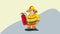 Cartoon male fireman worker in yellow uniform holds red fire extinguisher in  4k video.