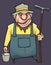 Cartoon male gardener in overalls and hat stands with bucket and rake