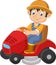 Cartoon male gardener riding mowing with ride-on lawn mower