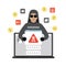 Cartoon male hacker in hood and black glasses. Anonymous installs malware on laptop. Spamming, online virus attack