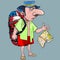 Cartoon male tourist with a backpack in fright drops a map