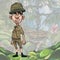 Cartoon male traveller stands on jungle background